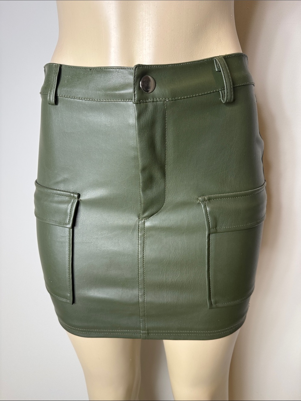 Love Tree Olive Green Faux Leather Mini Skirt with Flap Pockets